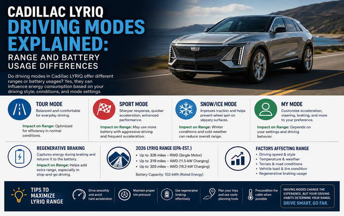 do the driving modes in cadillac lyriq offer different ranges or battery usages?